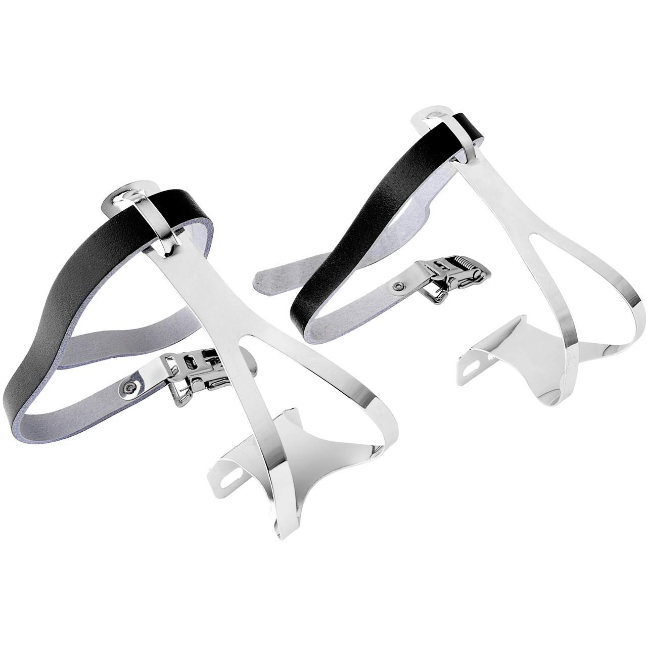 Metal Toe Clips& Leather Straps Black/Silver