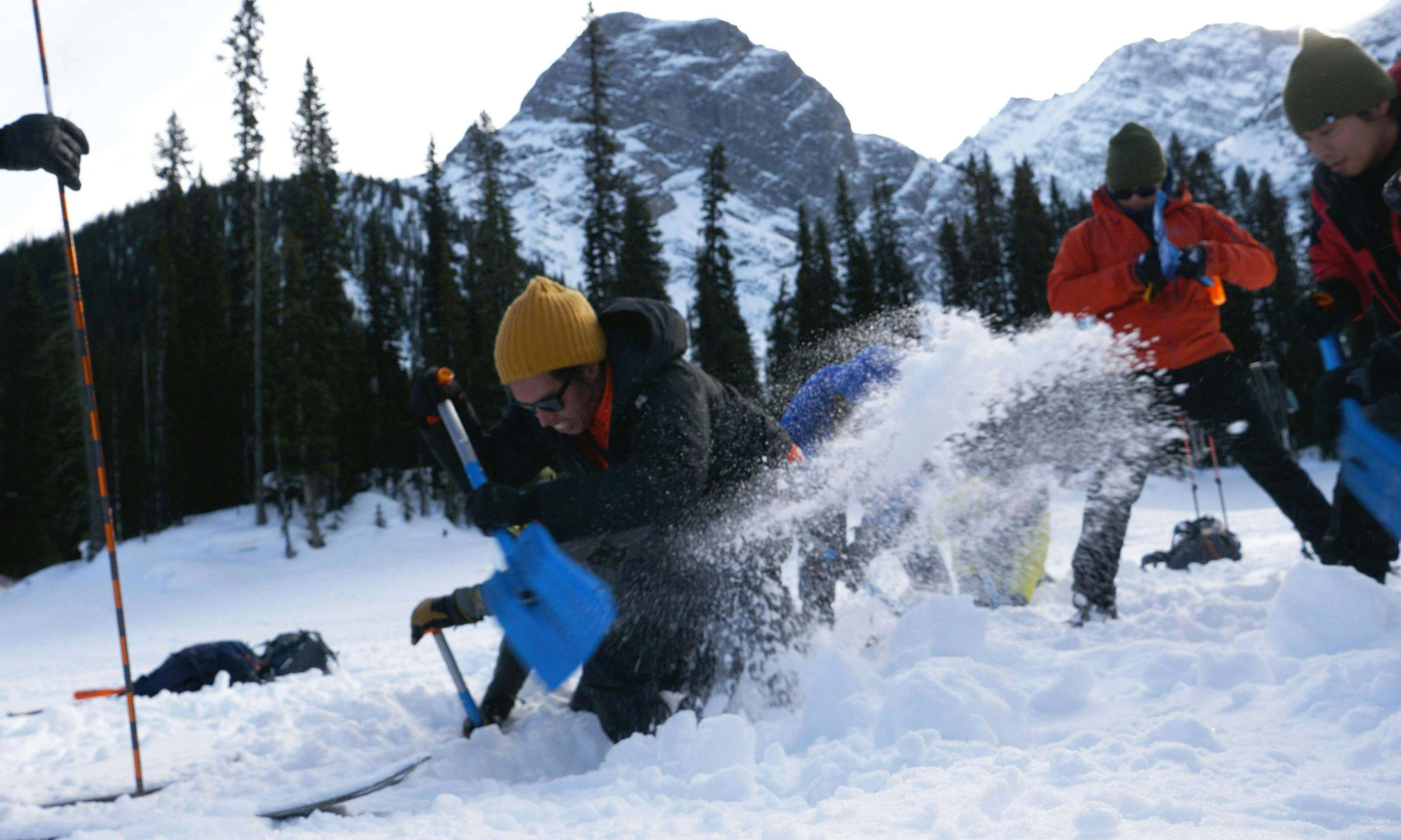Avalanche training course with students working on shoveling technique