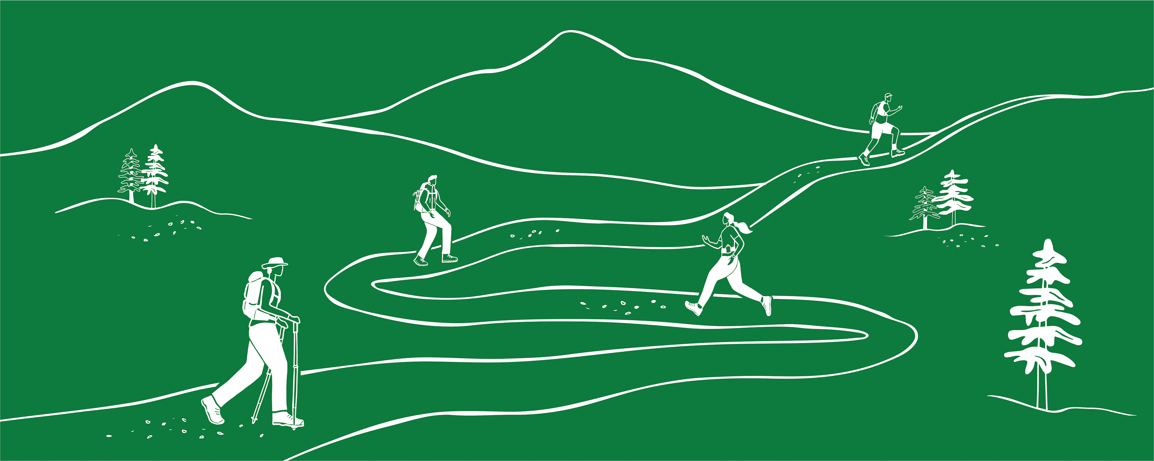 Illustration of hikers on a path with trees and a mountain