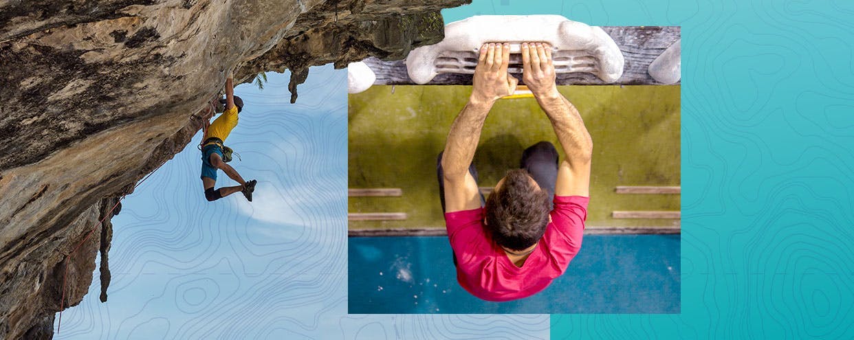Two images, one of a guy using a hangboard to train indoors, the other image of a guy climbing outdoors on rock