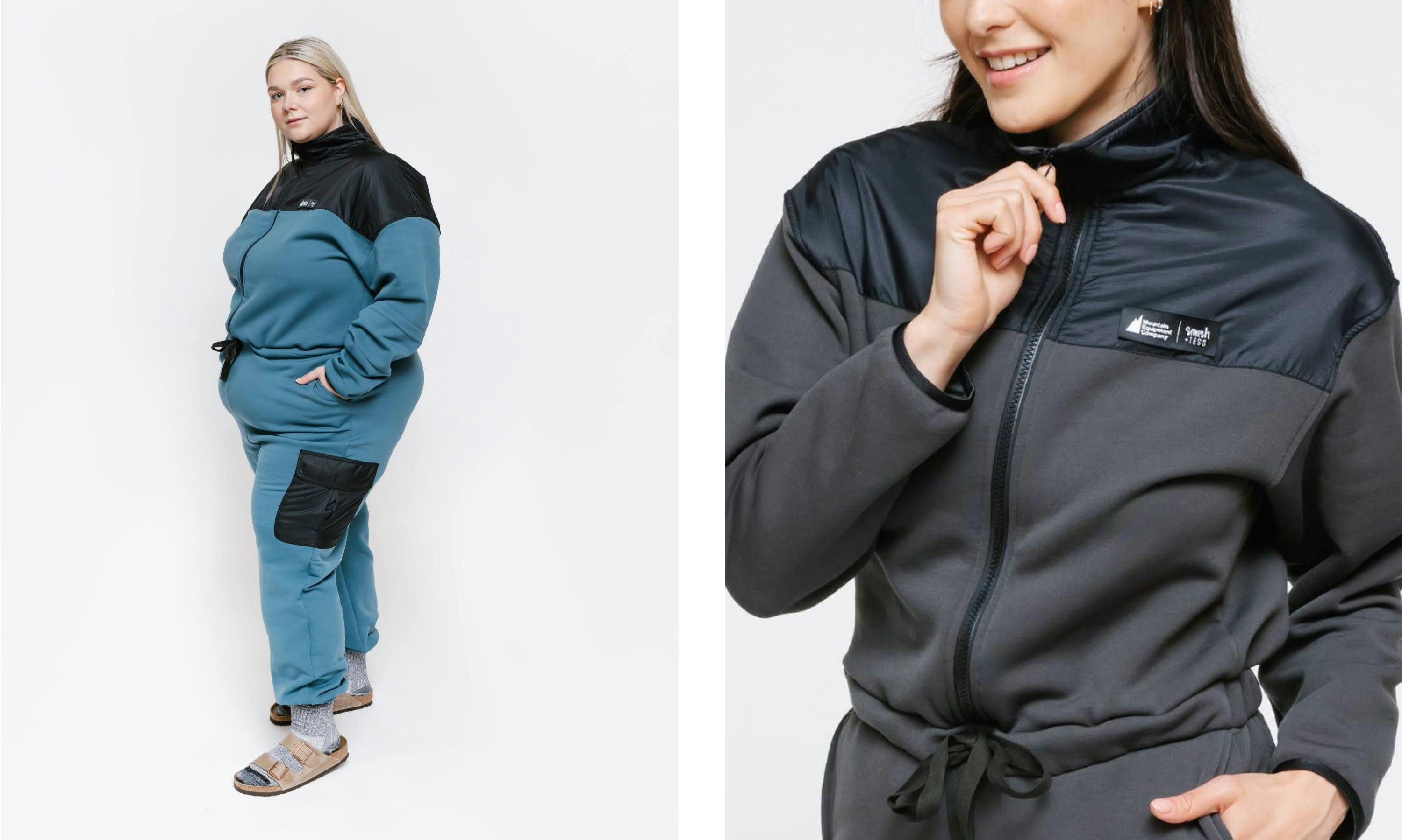 Two people wearing the Smash + Tess x MEC Fresh Air Fleece Jumpsuit, one in Smokey Blue, the other in Dark Slate