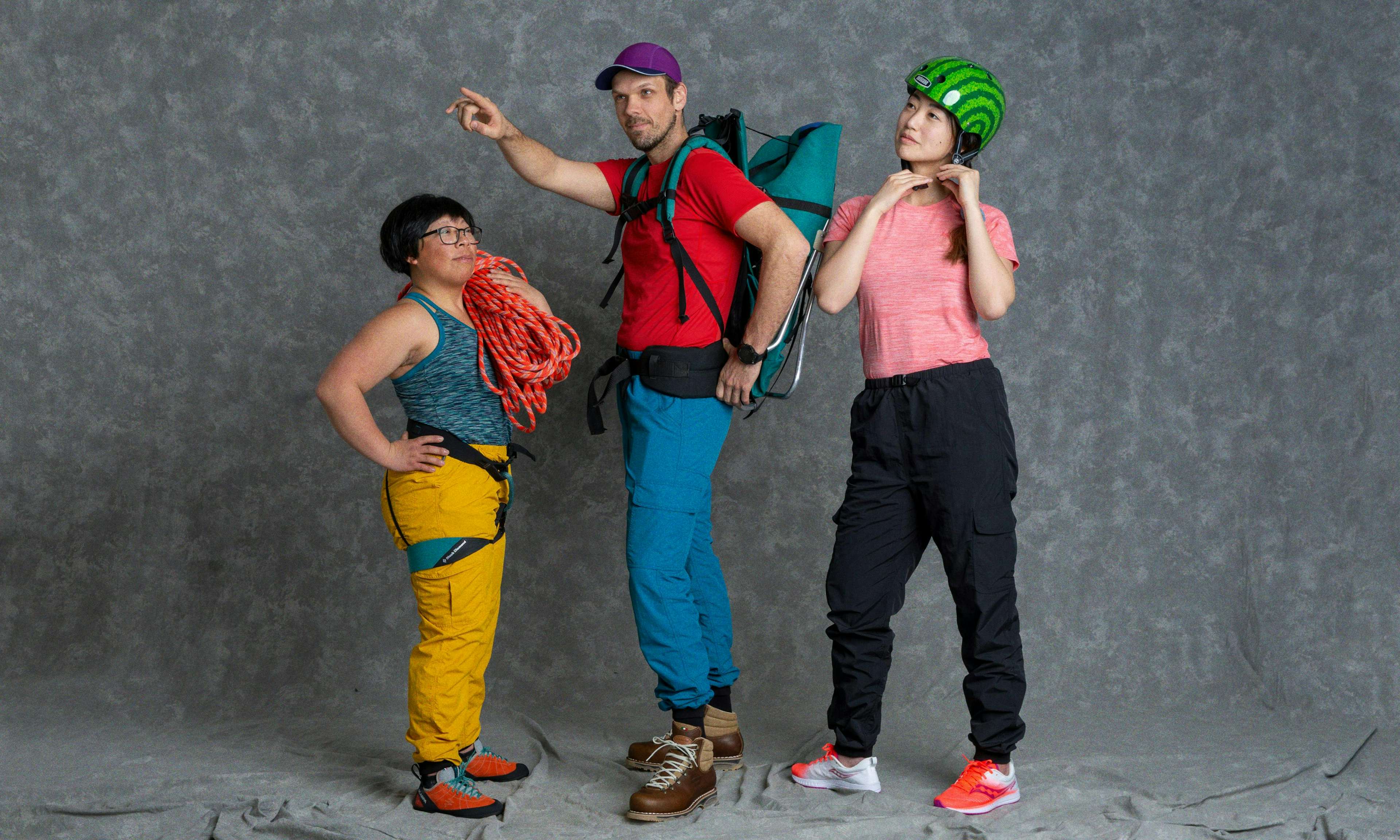 Climber, hiker and cyclist wearing MEC Rad Pants, styled to look like the 90s