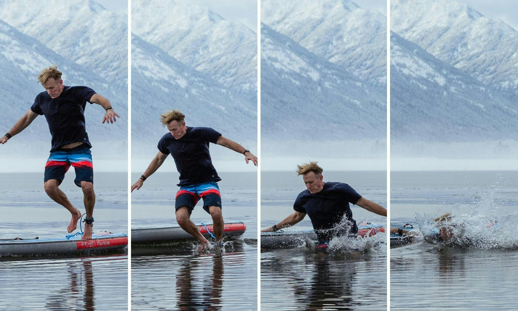 Ensemble de quatre images montrant Bruce Kirkby faisant un plongeon polaire à partir d'un paddleboard avec une vue sur la montagne enneigée en arrière-plan