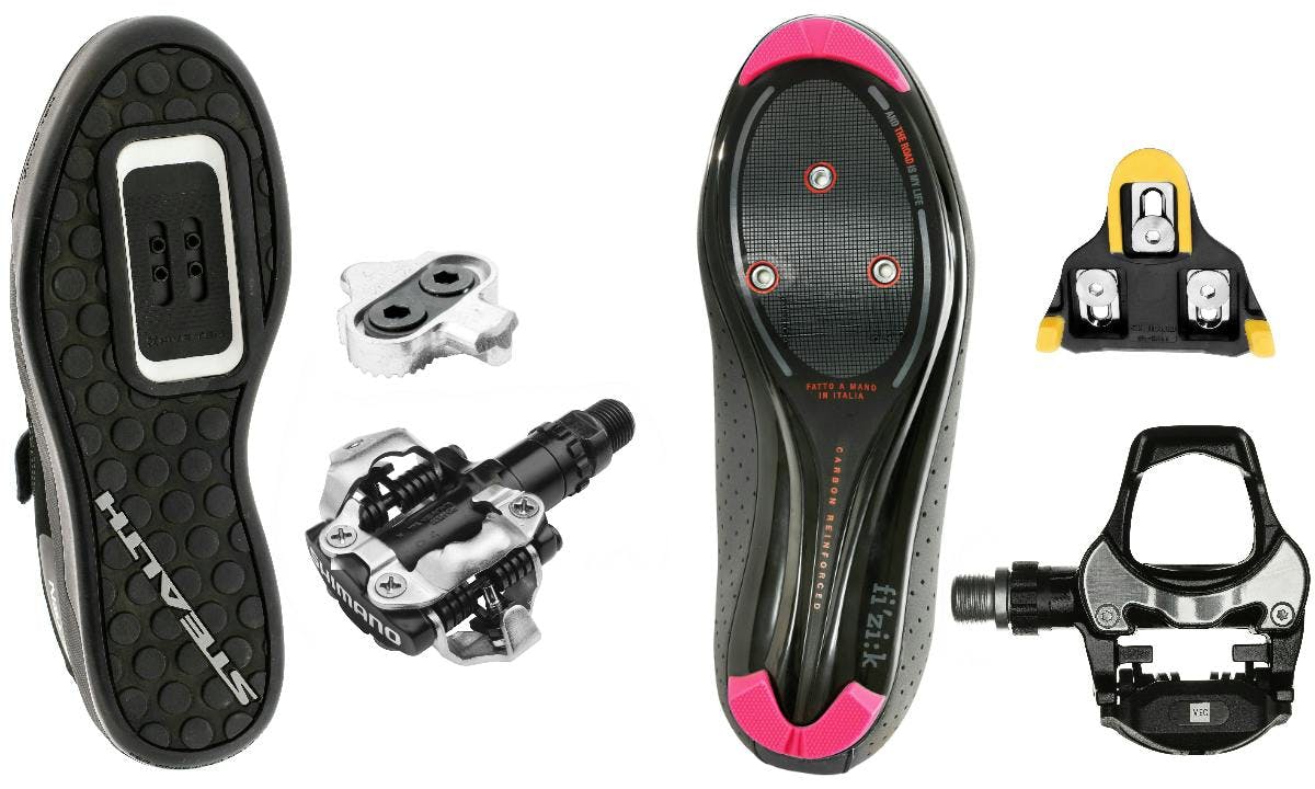 Examples of 2-hole shoes, cleats and pedals and 3-hole shoes, cleats and pedals