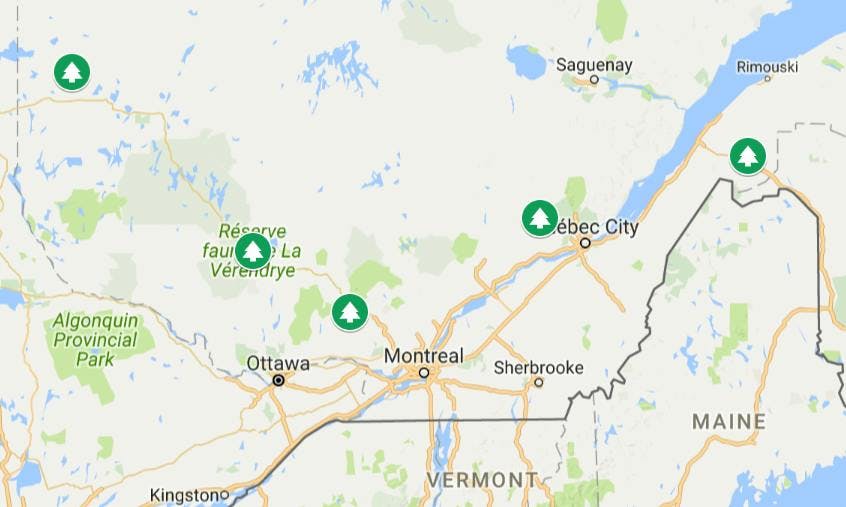Map of hidden gems in Quebec: camping