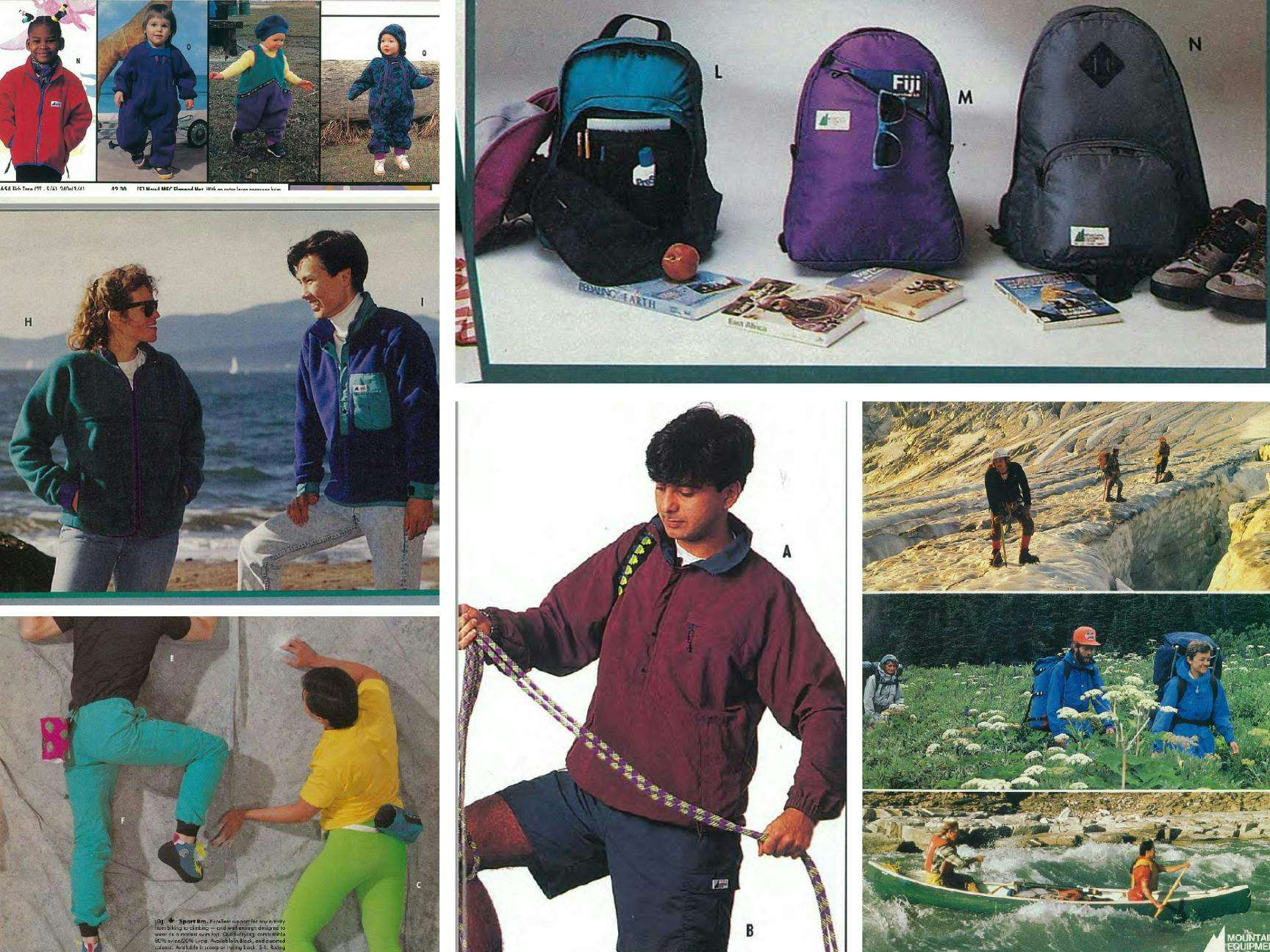 A collage of old MEC catalogue photos, showing images in studio and out in nature