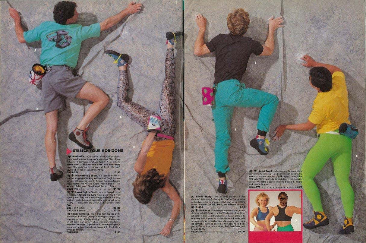 90s MEC catalogue image showing climbers on a fake wall wearing Rad Pants and other pants