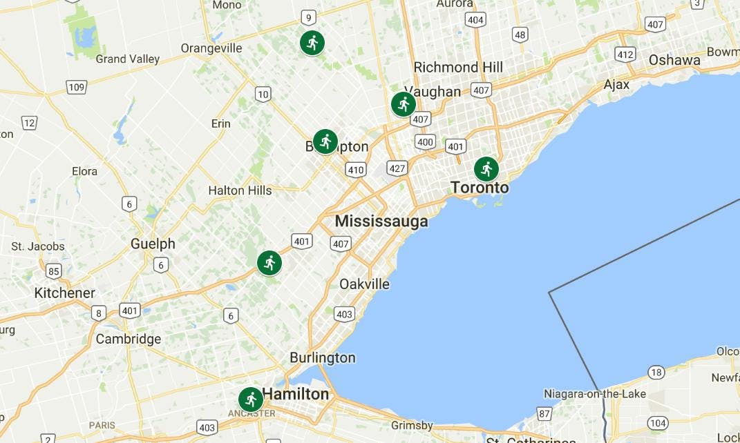 Map of where to go trail running near Toronto