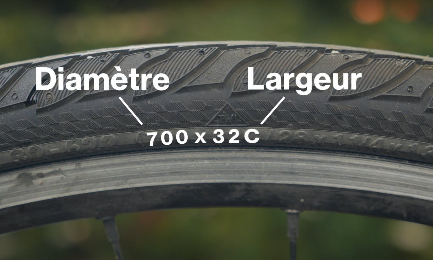 Gros plan d'un pneu de vélo montrant les mesures de diamètre et de largeur sur le côté du pneu.