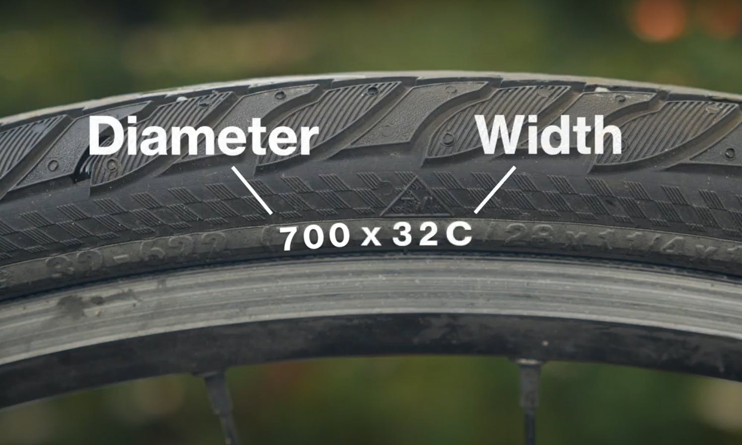 Close up of bike tire showing the diameter and width measurements on the side of the tire