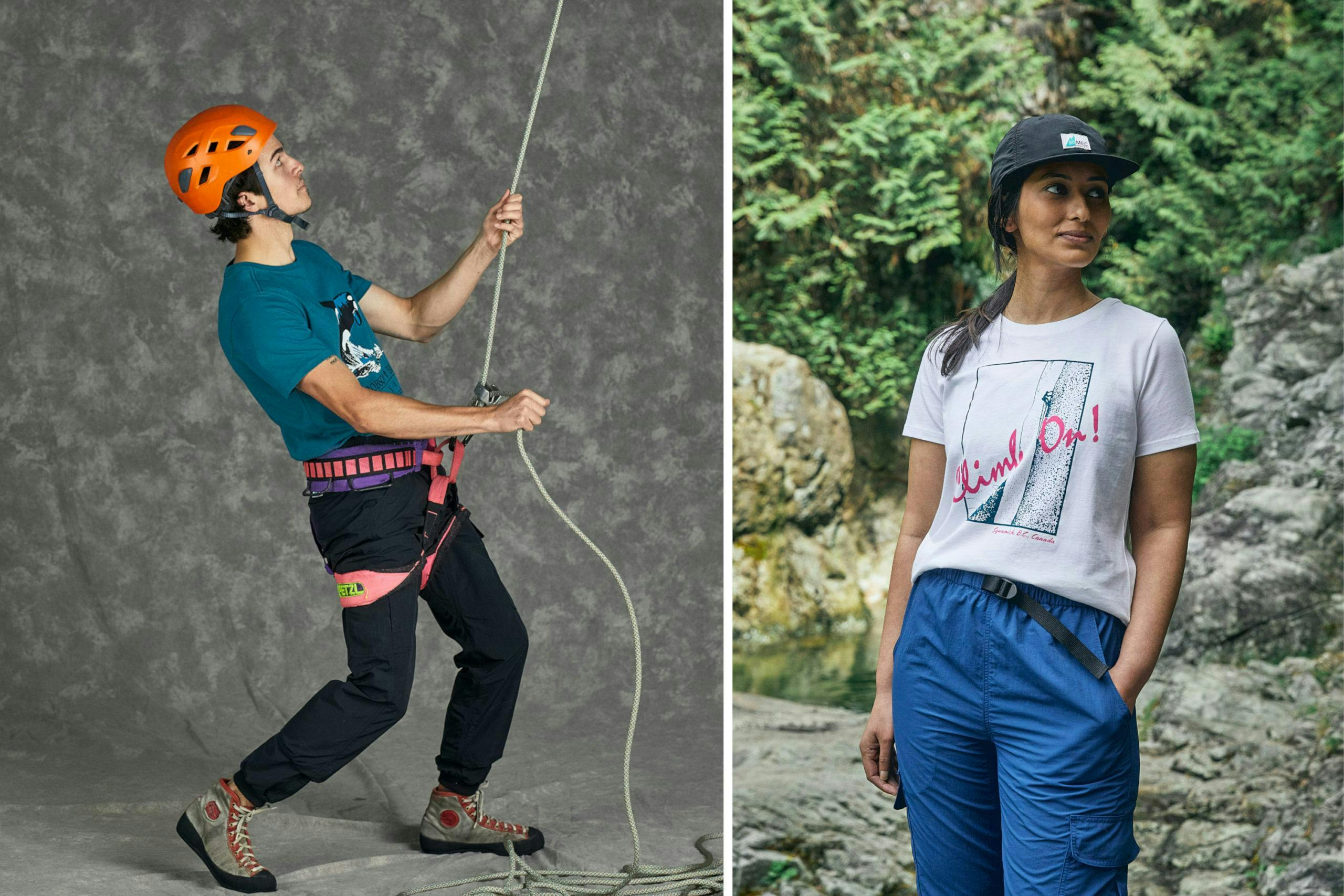 Two people wearing t-shirts with 90s looking graphics on them; one is a whale, the other is a person climbing with the words Climb On
