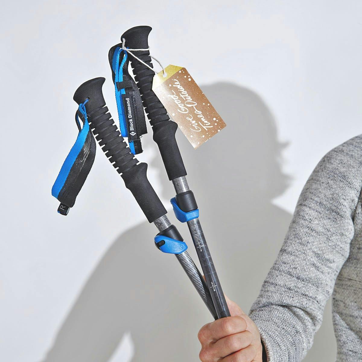 Trekking poles with gift tag attached