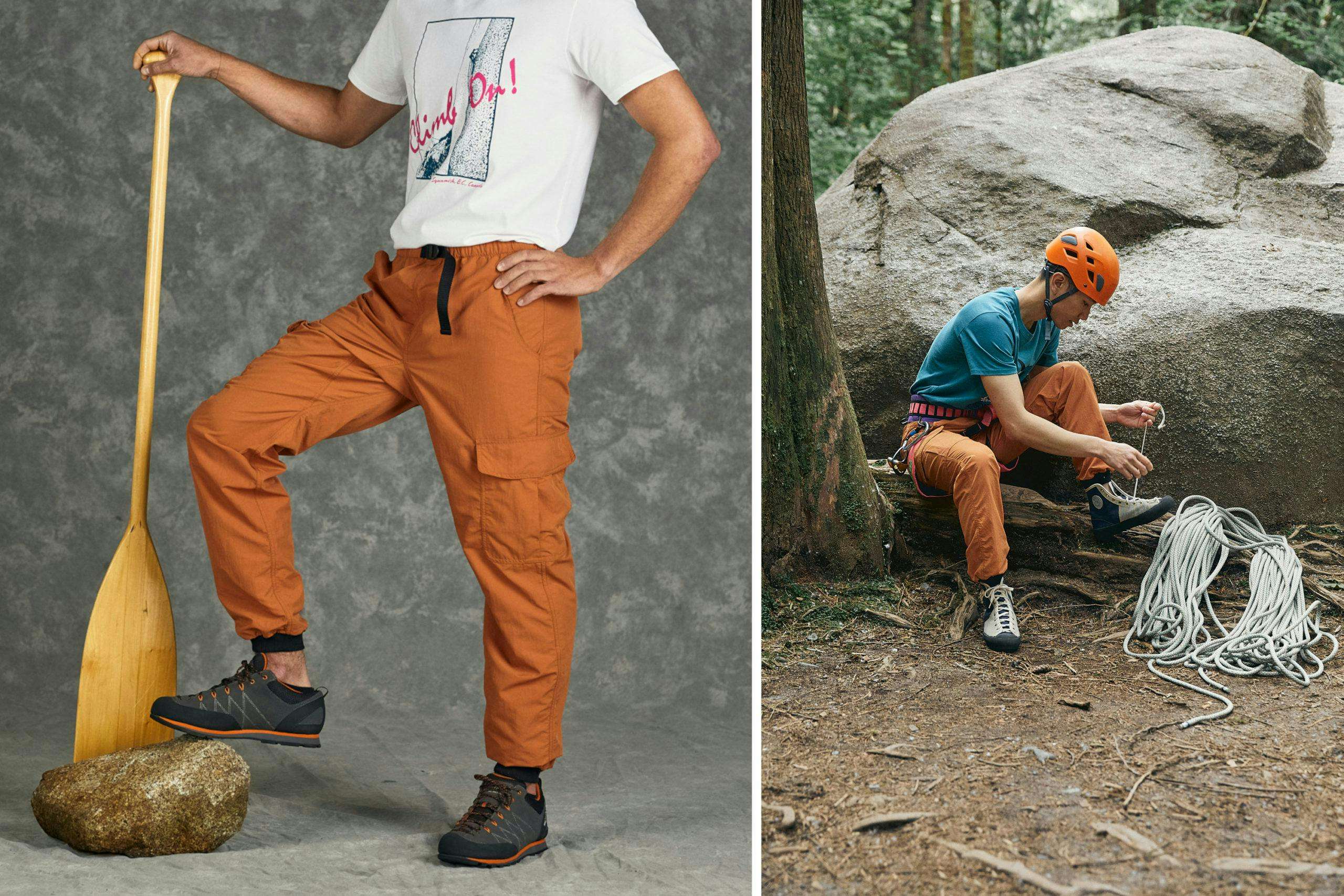 Two images of rust coloured MEC Rad Pants, one in a photo studio in a 90s catalogue pose with their foot on a rock, the other outside in climbing gear doing up their shoes