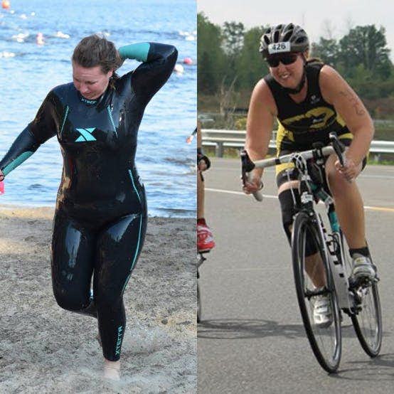 Triathletes coming out of the water and biking