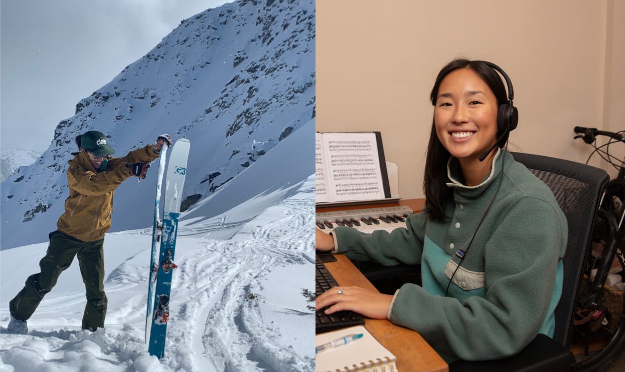 Cheena in the backcountry ripping off ski skins, next to a photo of Cheena at her desk at home