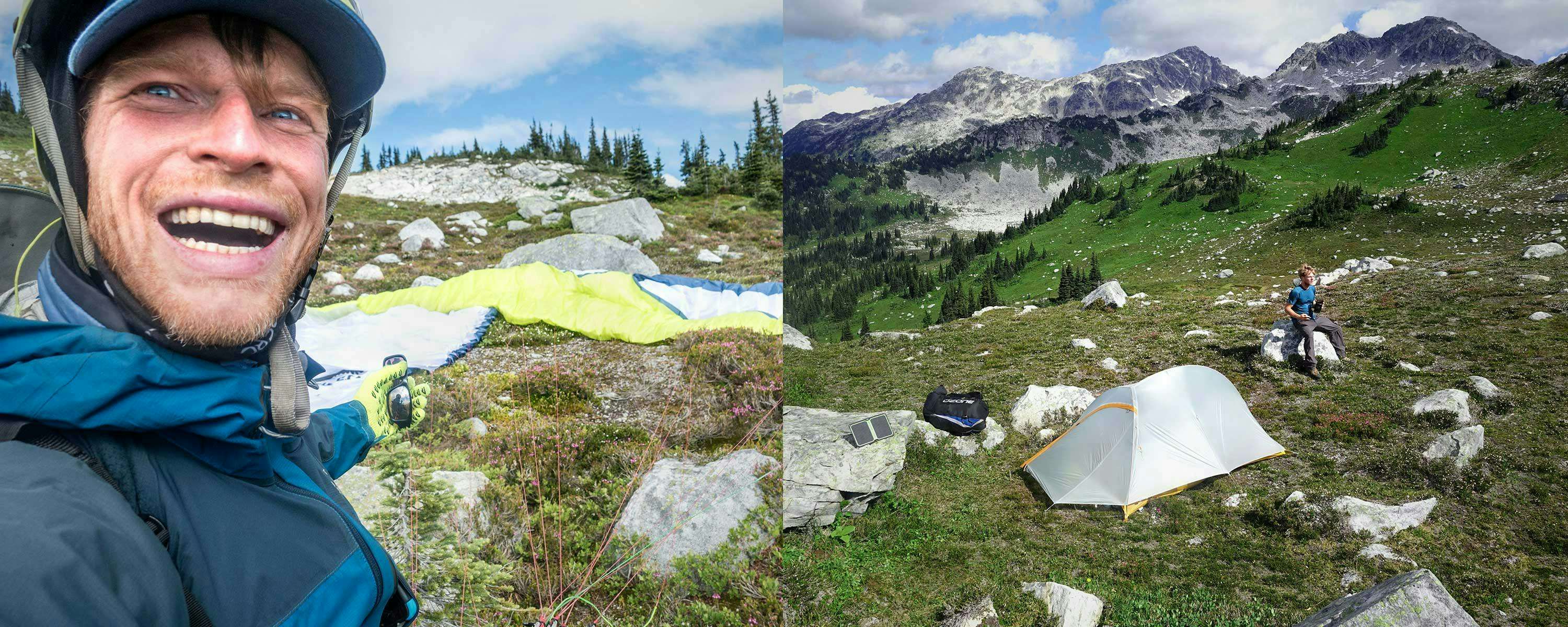 Benjamin Jordan at a mountaintop landing area; tent set-up in the alpine