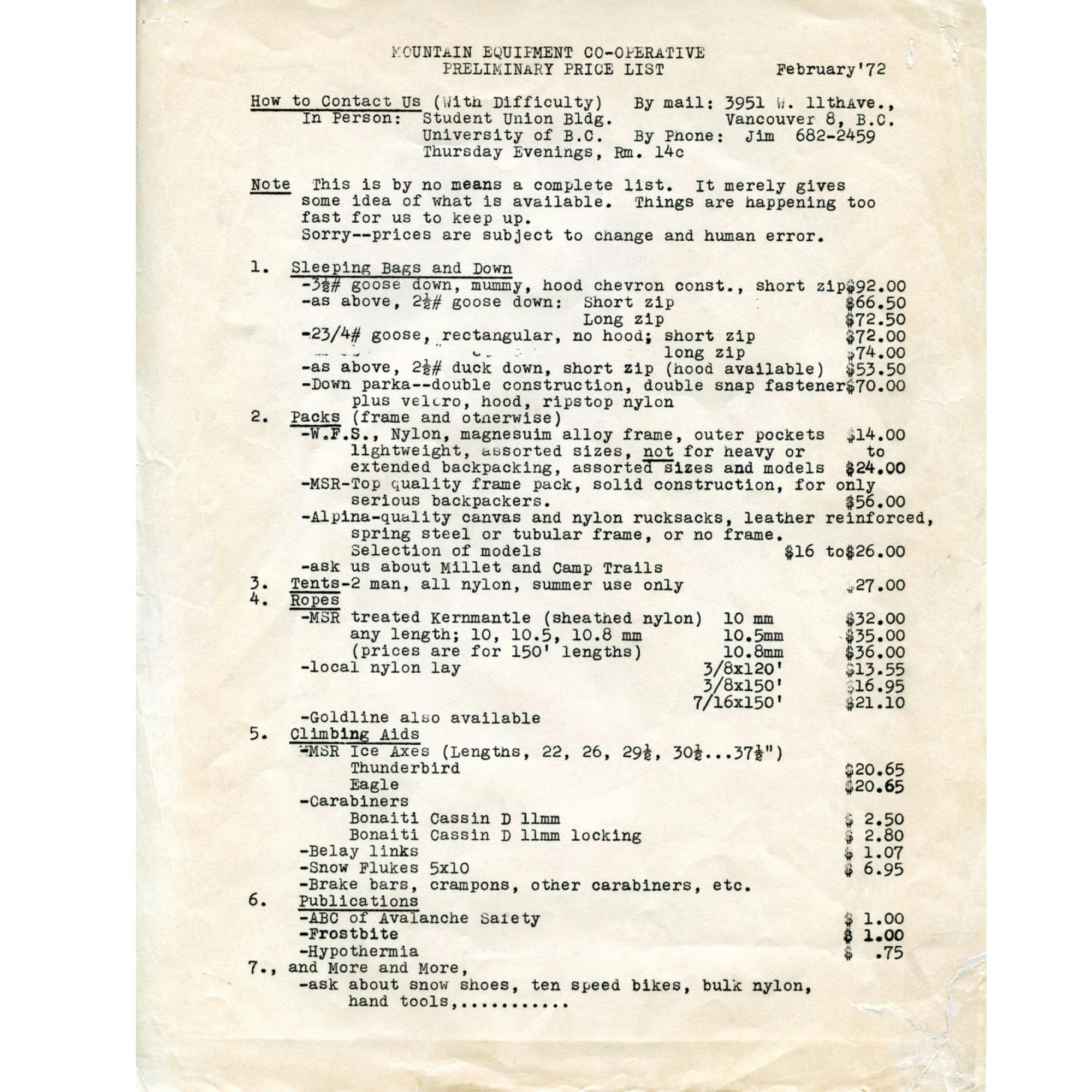 MEC pricelist 1972