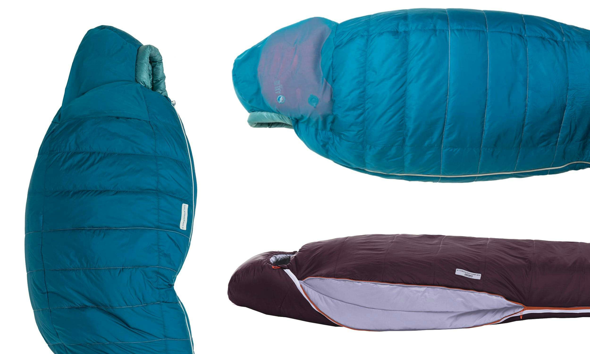Different angles of the Big Agnes Sidewinder and Torchlight sleeping bags