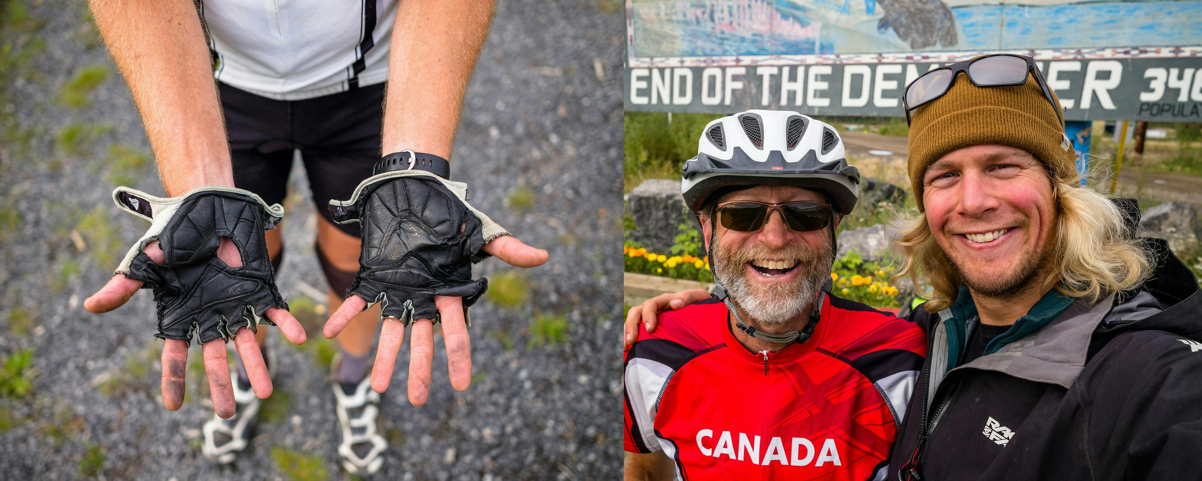 Worn-out bike gloves, and portrait of Reuben and his dad
