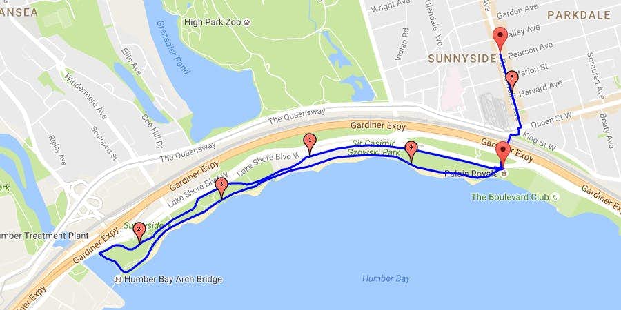 Sunnyside, Toronto - run route map