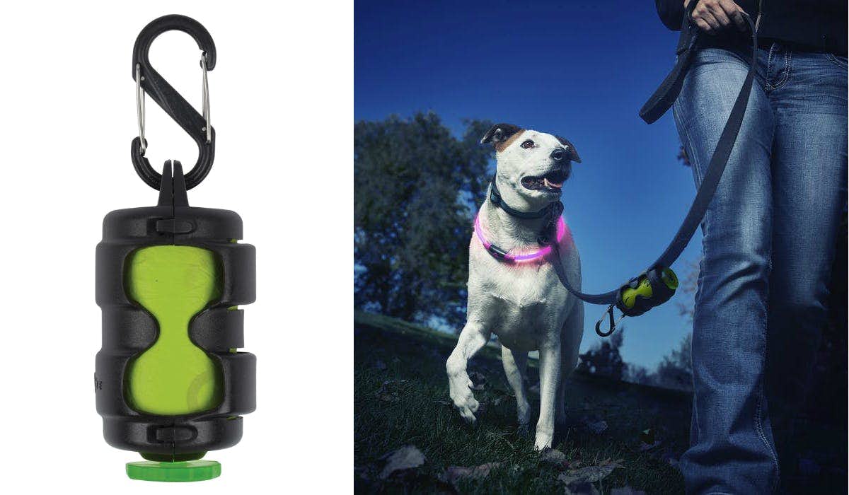 Pack-a-poo dog bag dispenser, close-up view and showing it hanging from dog's leash