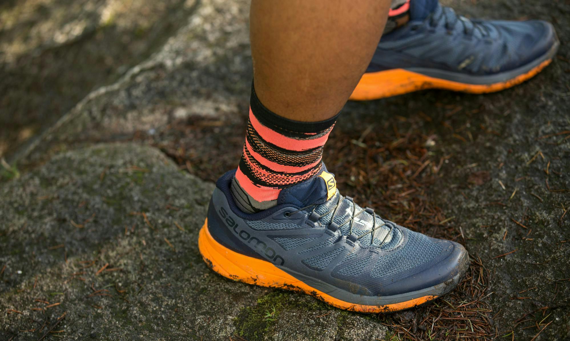 Trail running shoes with fun socks