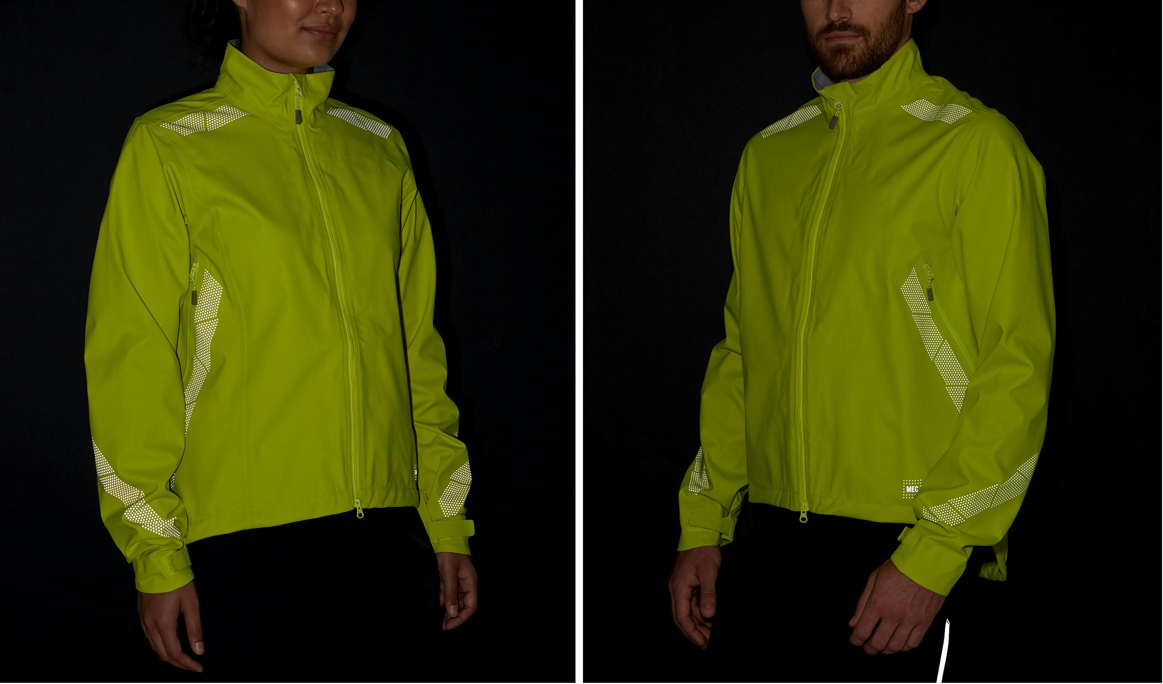 Two bike jackets with reflective parts shining in the dark