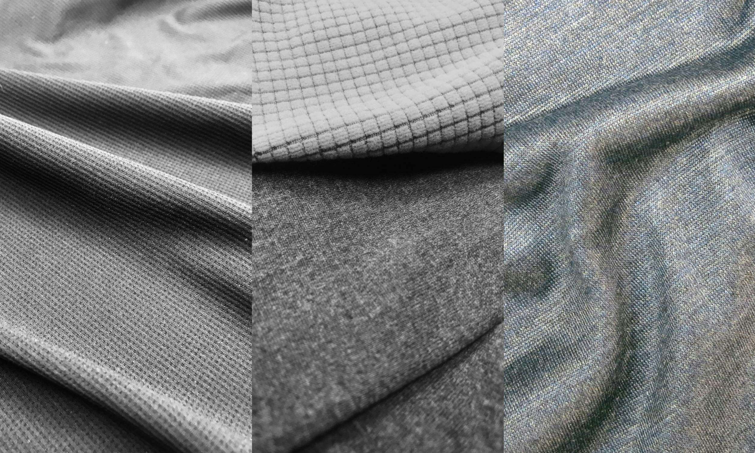 Close up of three different MEC base layer fabrics