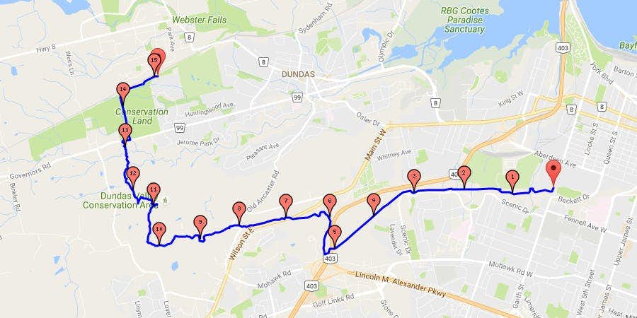 Bruce Trail point to point - run route map