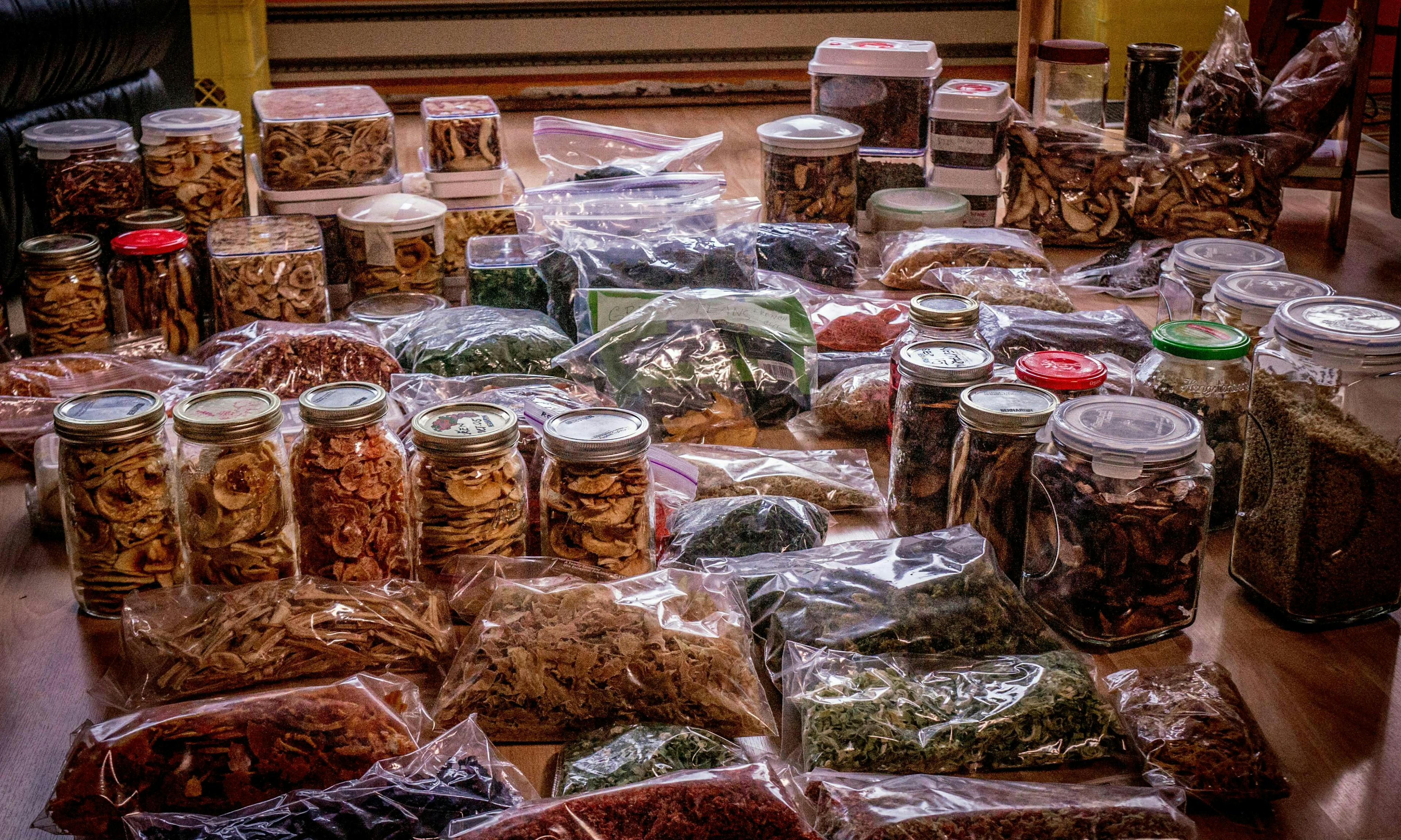 160 days' worth of dehydrated food packed into jars and zip-closure bags.