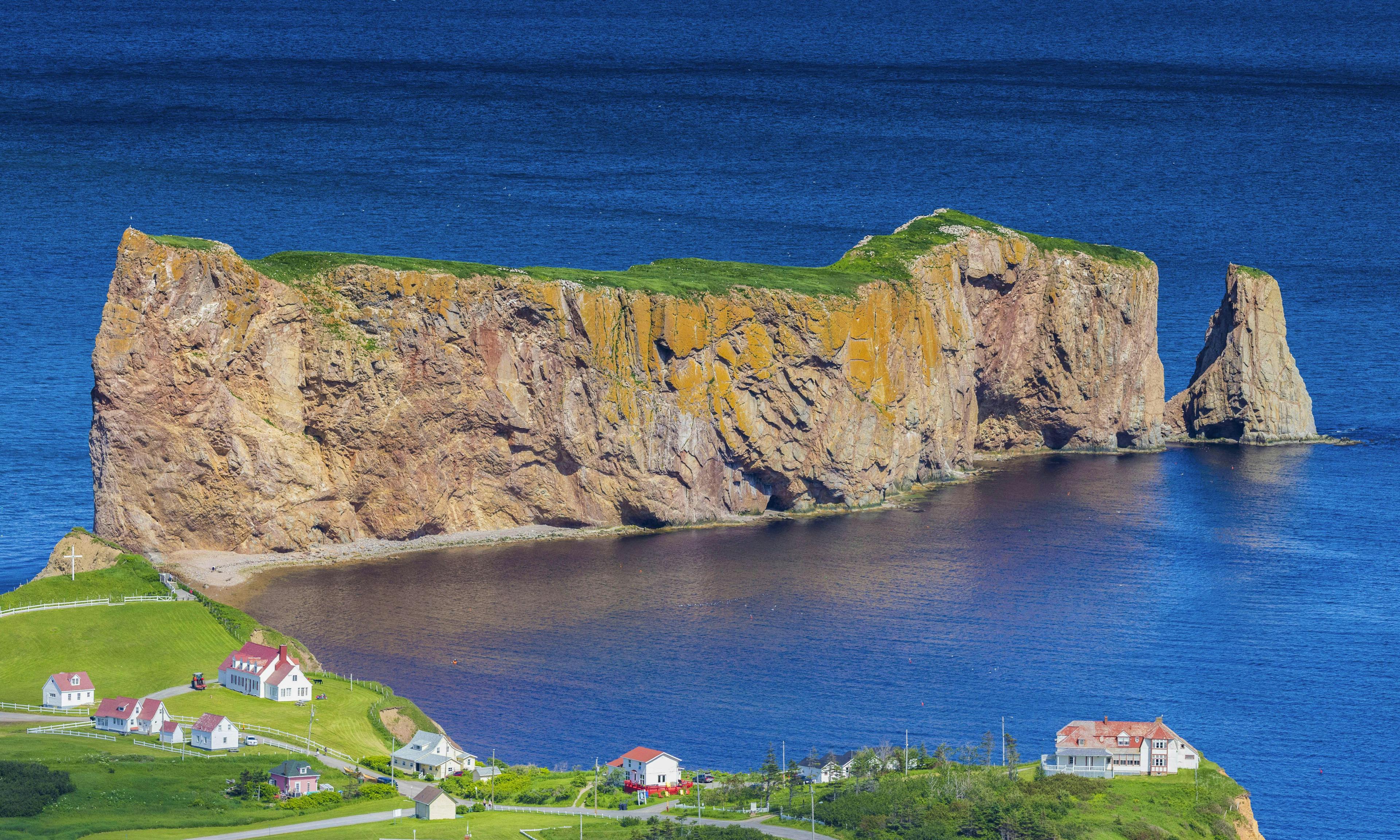 A look at the small town of Percé and its famous Rocher Percé (Perce Rock), part of Gaspe peninsula in Québec.