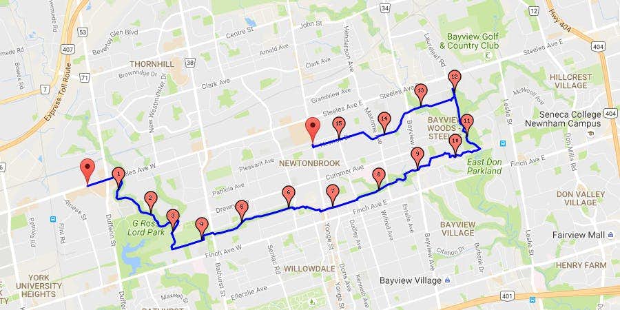 Parks and Pastries in North York - route map
