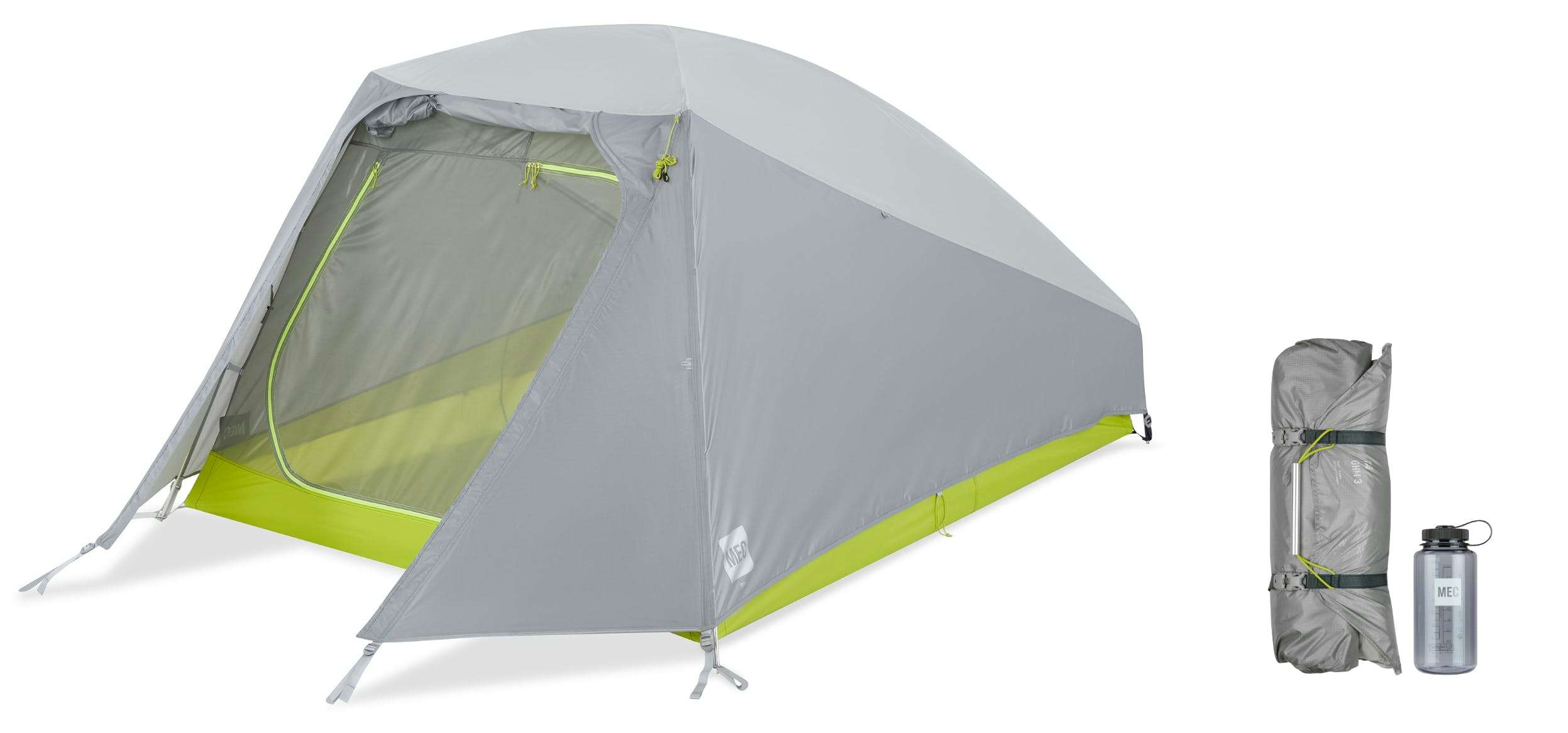 MEC Ohm tent, plus image showing packed version that is about twice the size of a Nalgene bottle