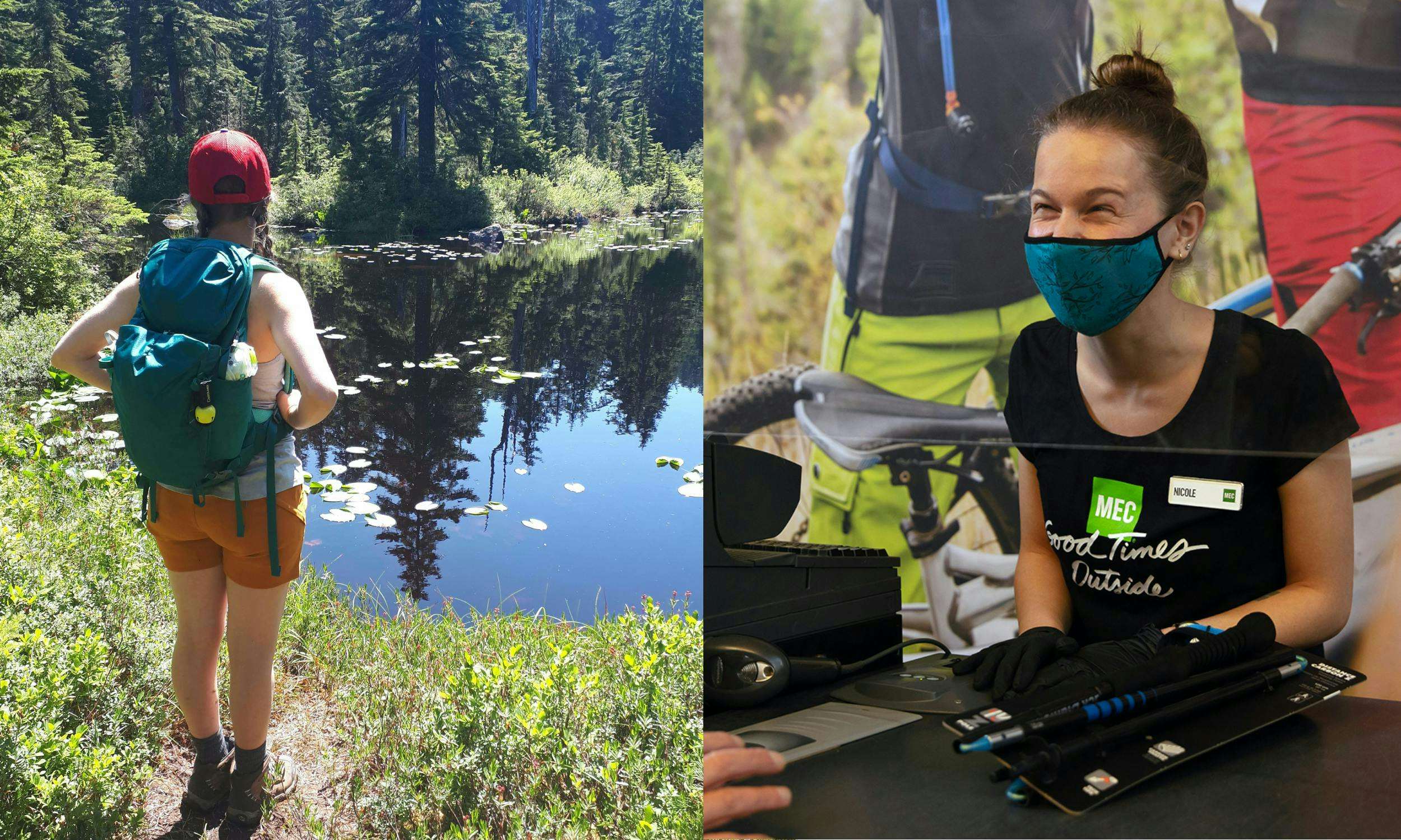 Nicole on a hiking trail, looking at a lake next to a photo of Nicole at work in an MEC store