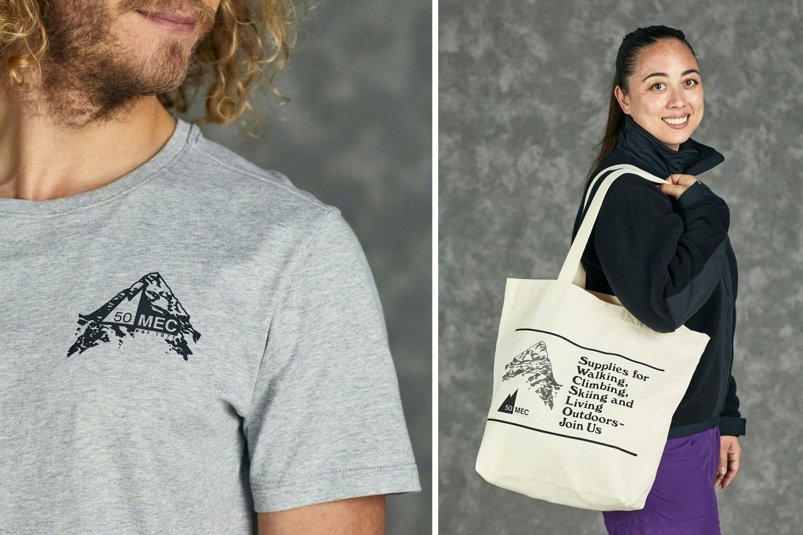 Person wearing a t-shirt with an MEC 50 logo, another person with a tote bag that has outdoor words printed on it