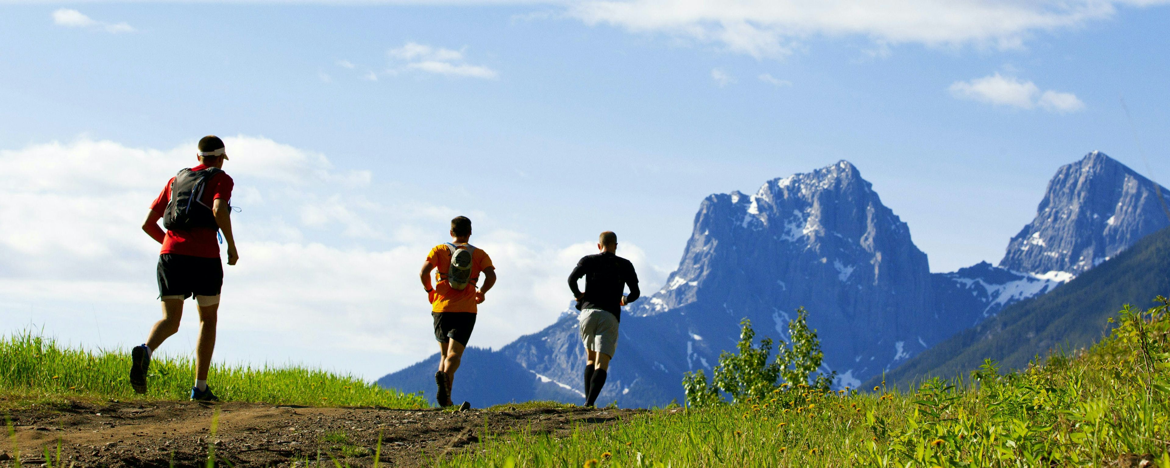 Three trail runners running on a grassy trail towards mountain peaks
