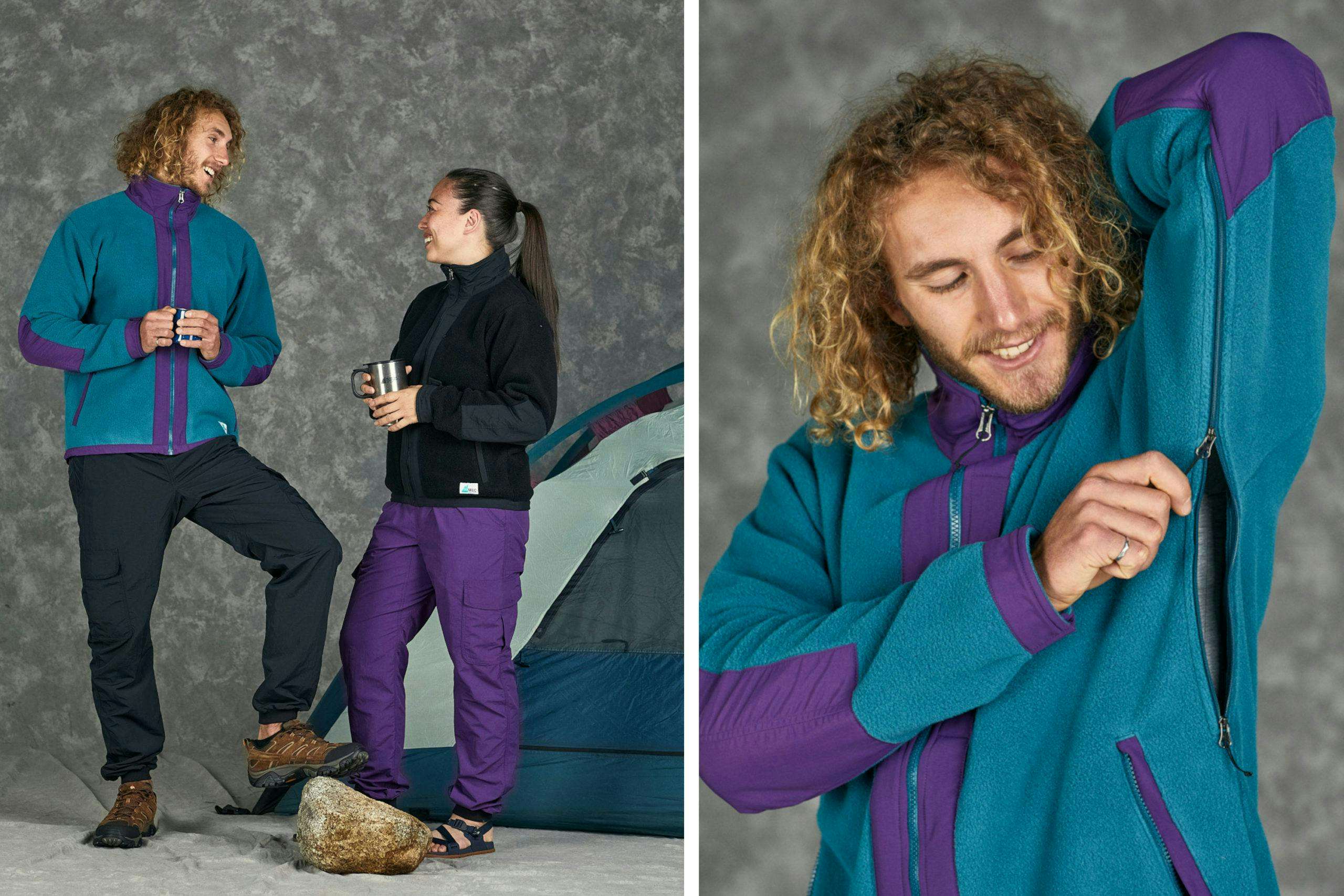 Two people wearing vintage looking MEC fleece jackets in 90s colours like blue spruce and royal purple