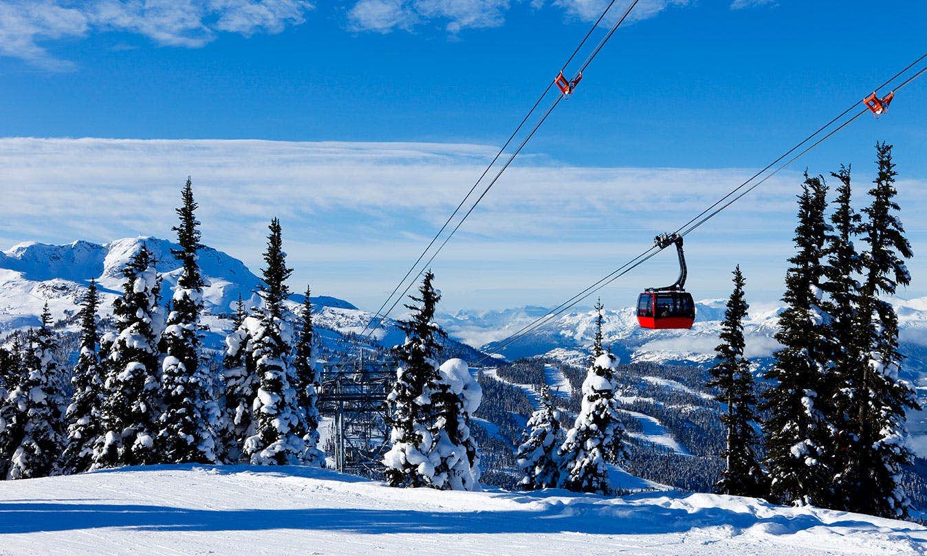 Winter in Whistler with gondola connecting Whistler and Blackcomb mountains