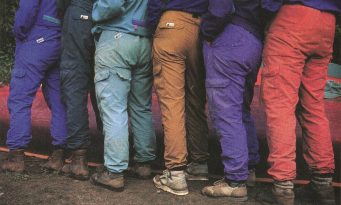 Classic Rad Pants shot showing 6 people wearing 6 different colours of Rad Pants