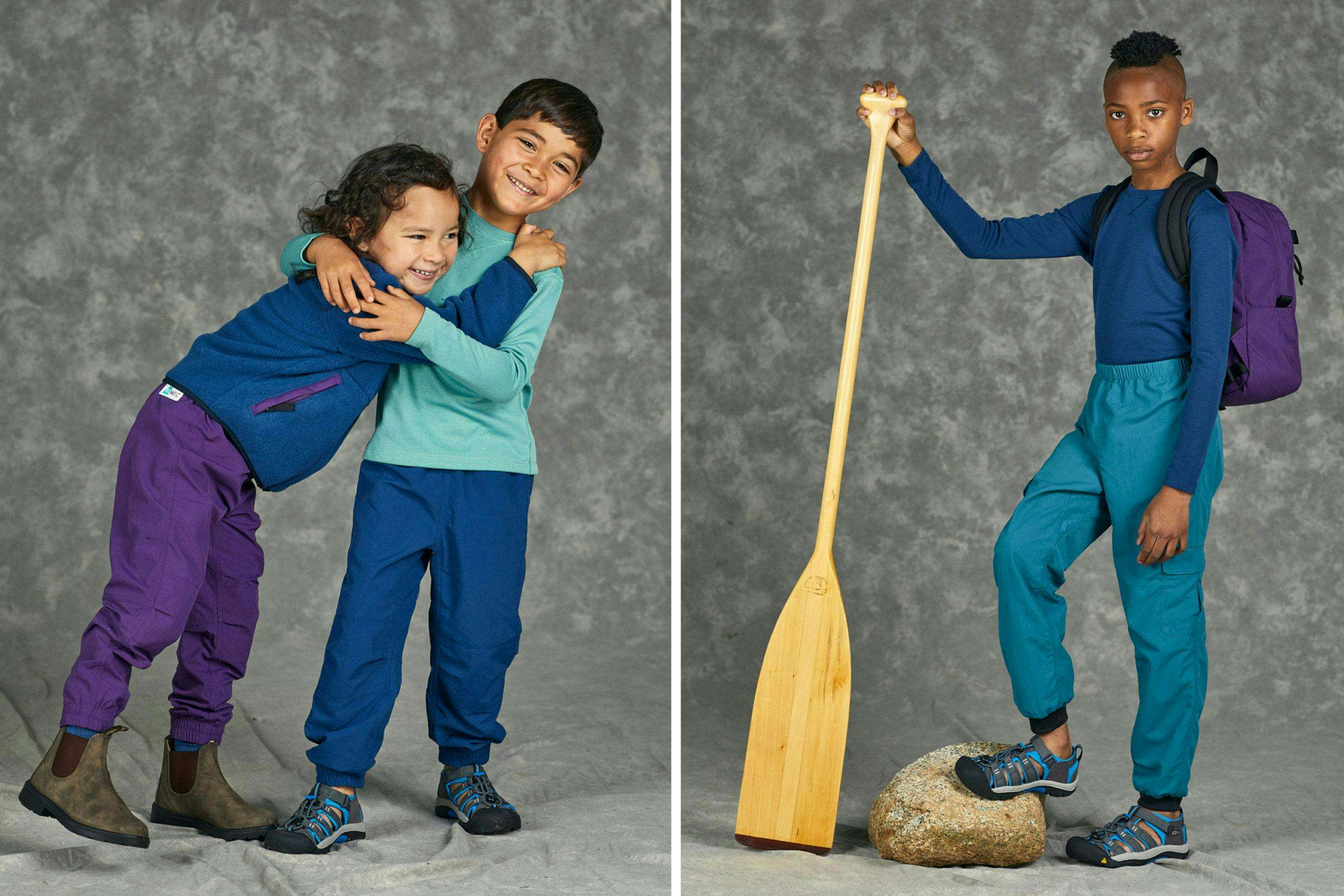 Kids in a photo studio in various poses, all wearing cuffed MEC Rad Pants in blue, purple and teal