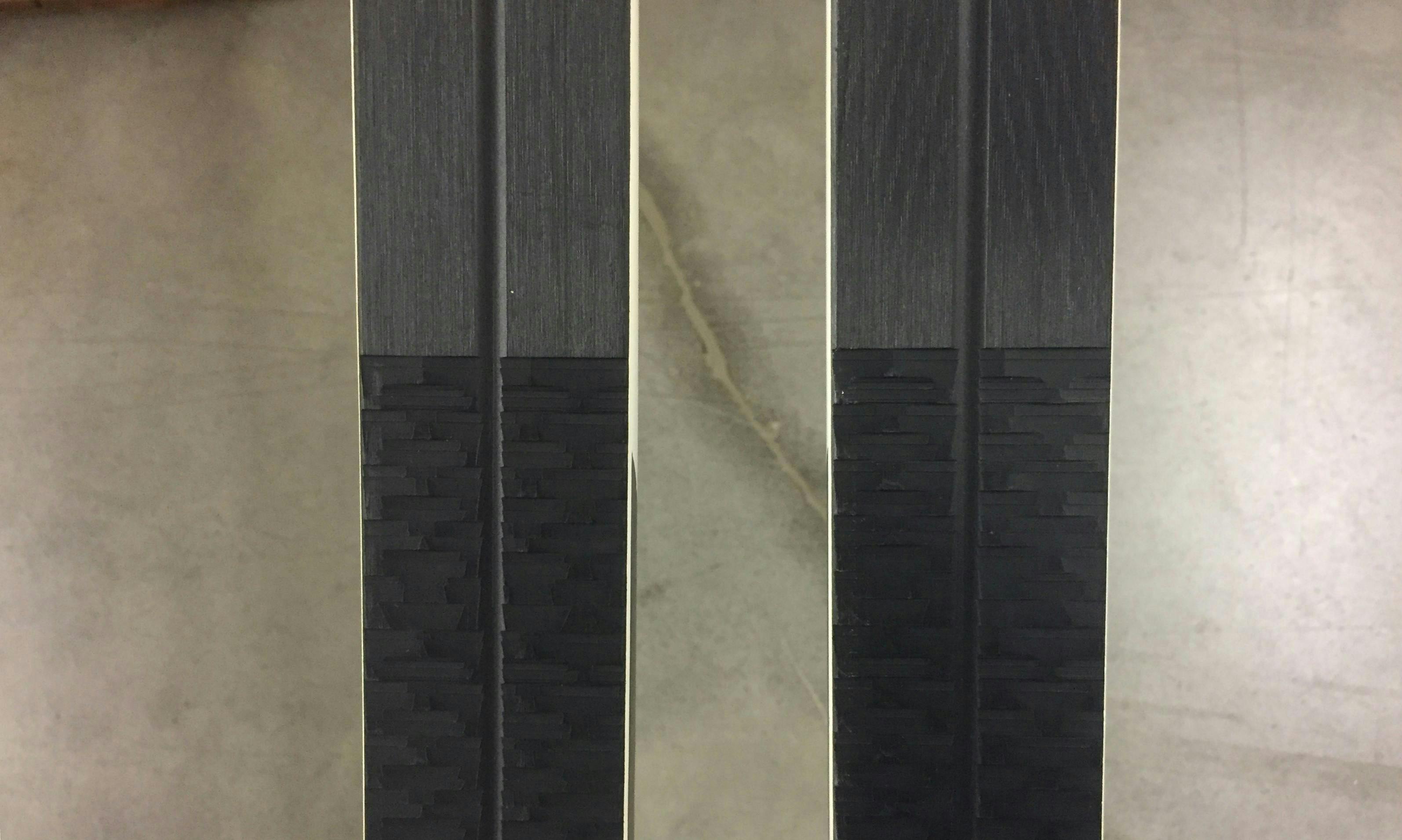 A close-up look at the pattern on the base of a pair of waxless skis