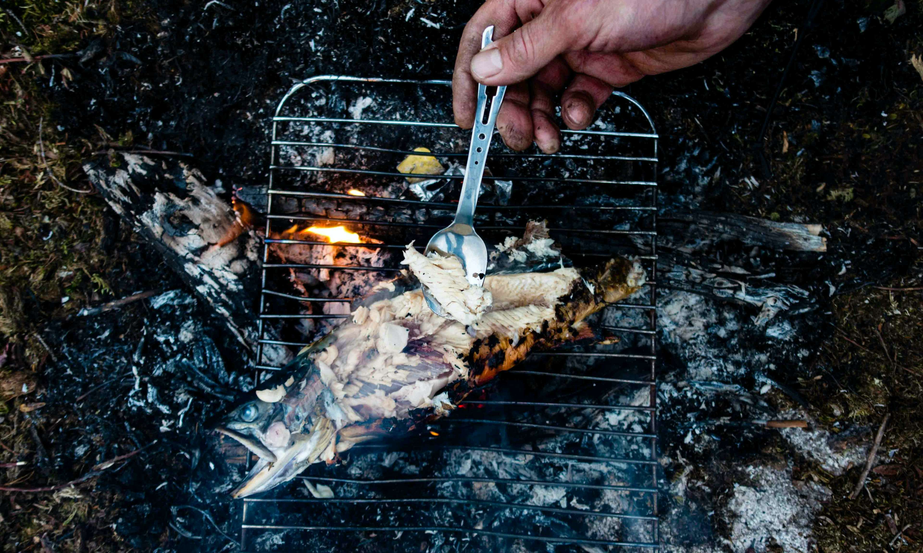 A hand holding a spoon pokes at a fish grilling over an open fire.