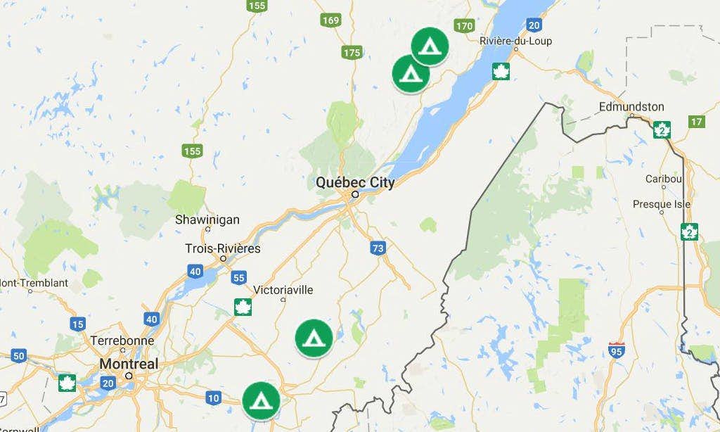 Map of weekend camping getaways from Quebec City