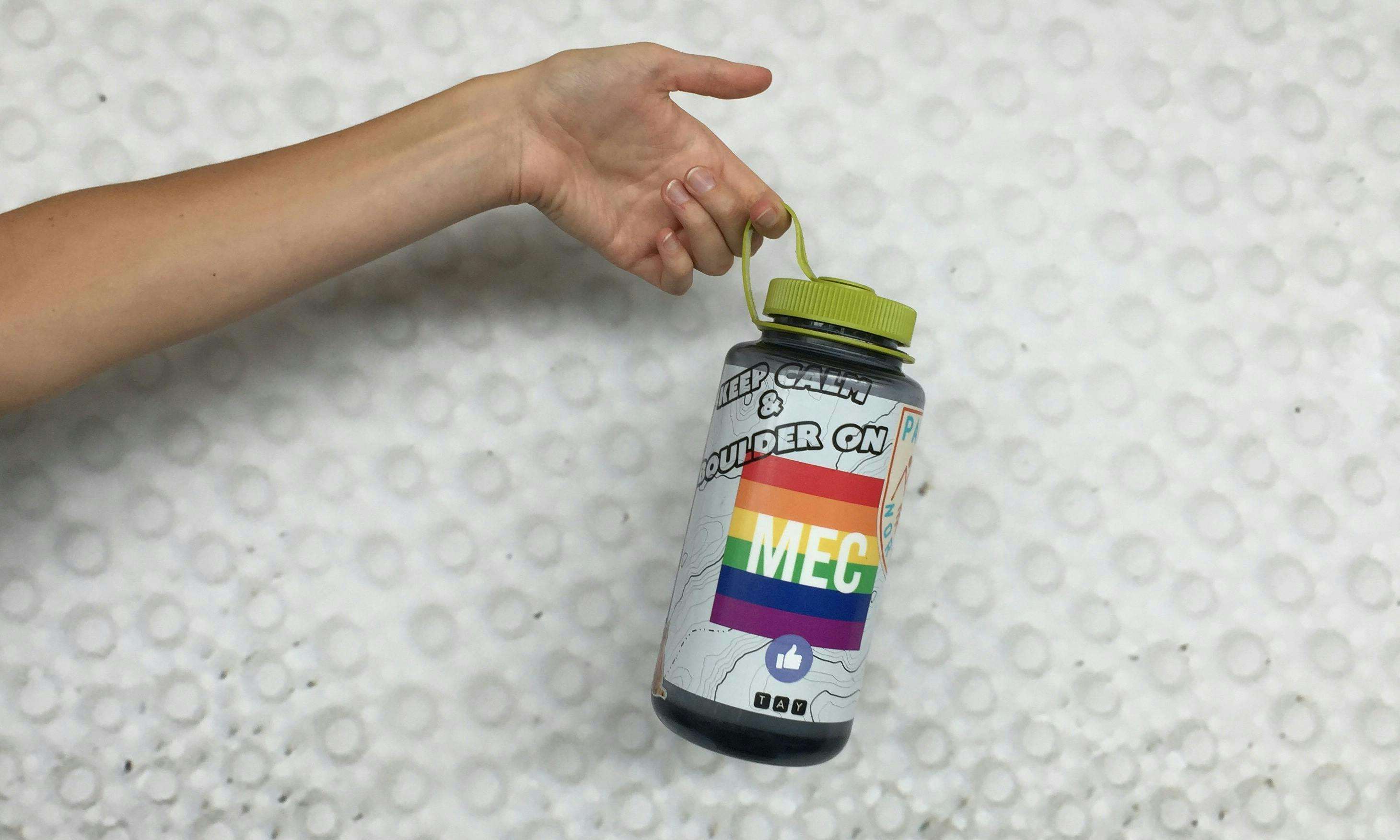 MEC water bottle with stickers