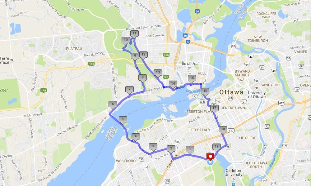 Ottawa-Quebec border - run route map