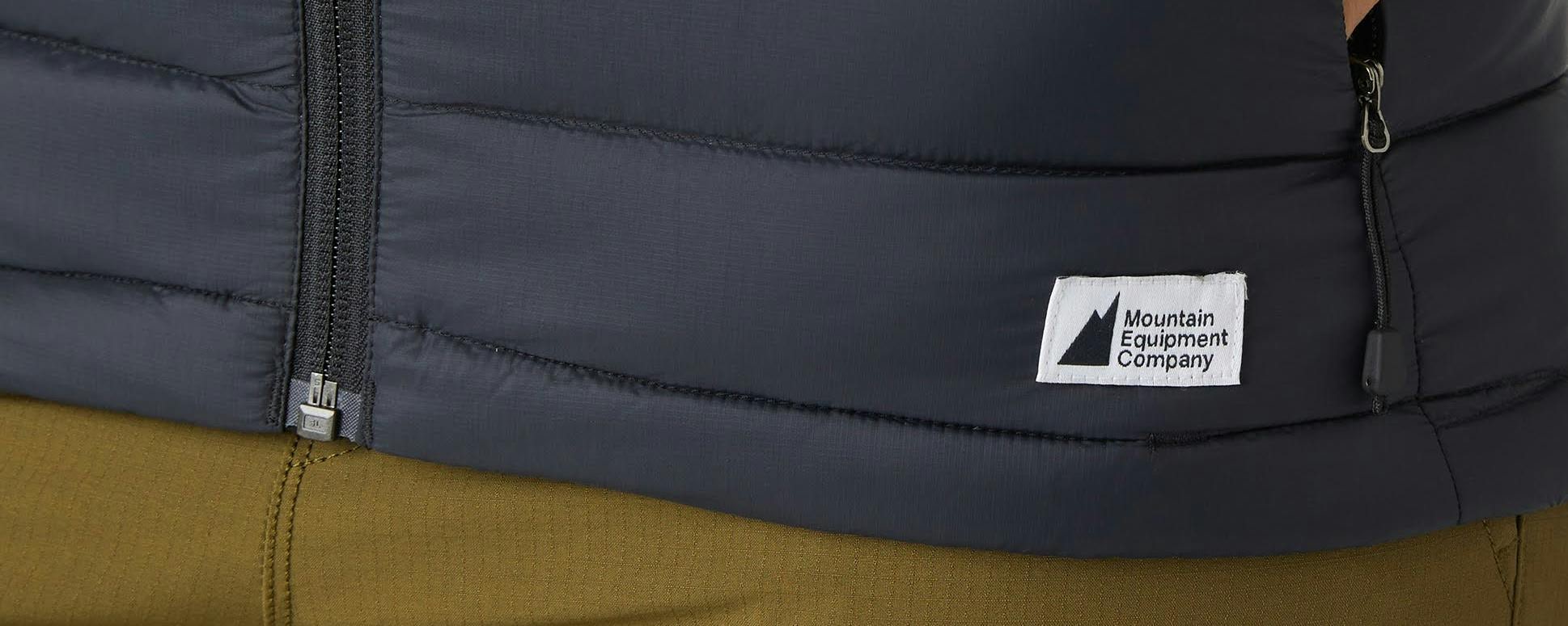 Close-up of a down jacket with the MEC label