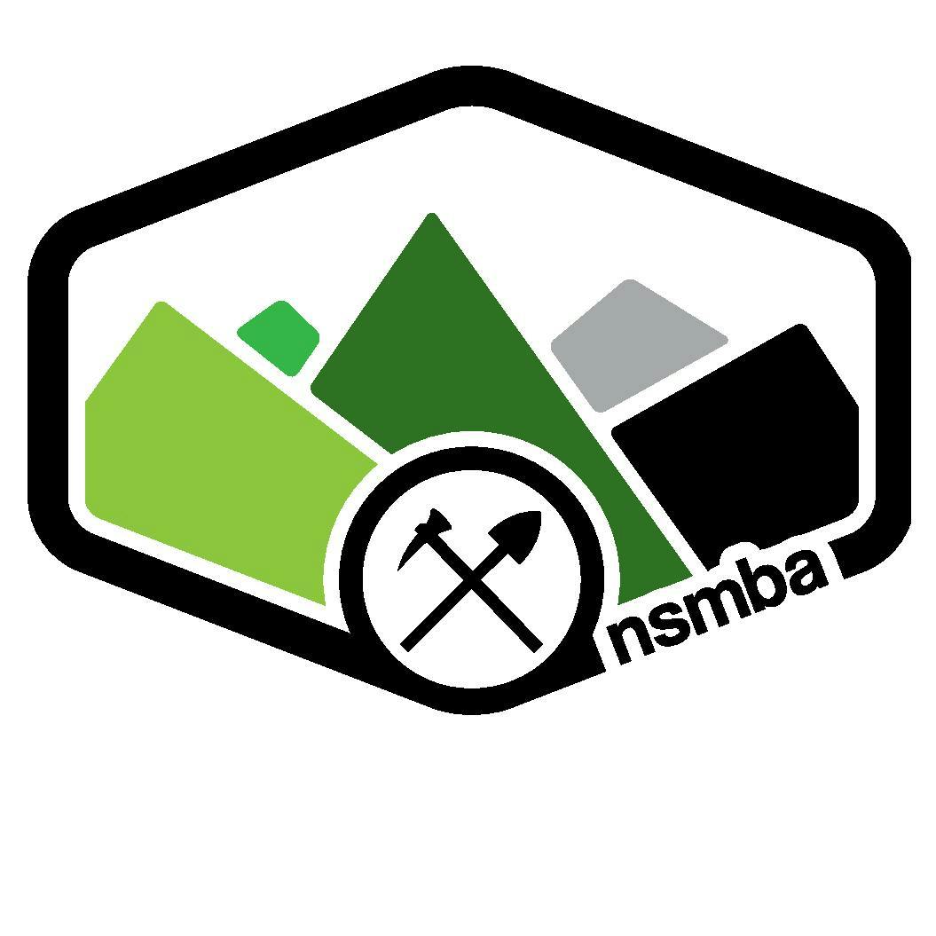 Logo showing stylized mountain peaks with trail building tools in a badge format