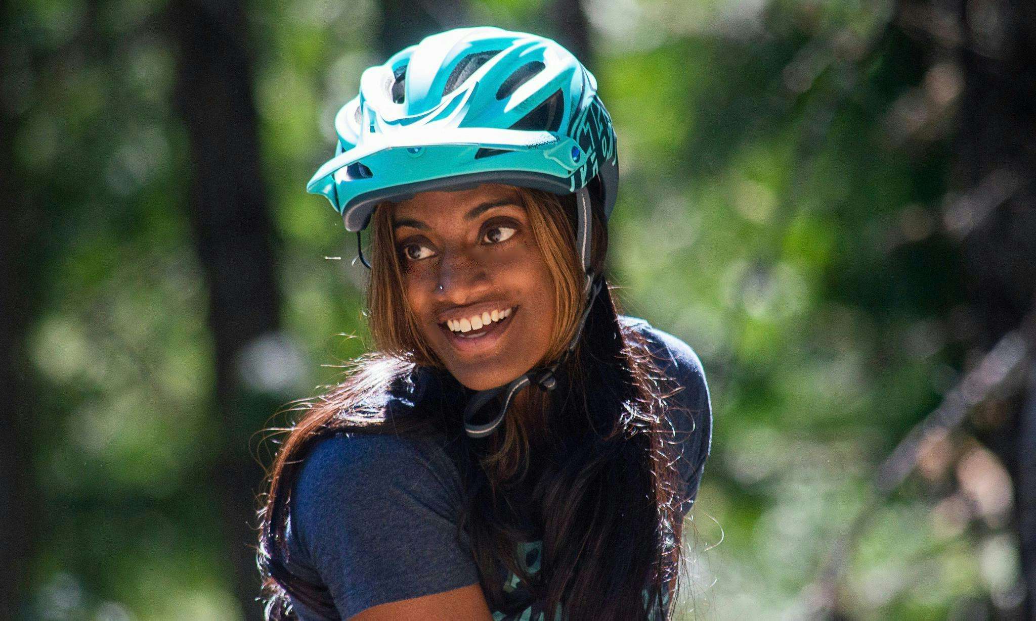 MEC Ambassador Anita Naidu in a blue hike helmet
