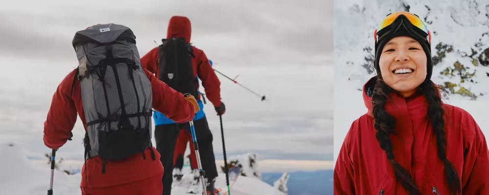 Backcountry skiier wearing the new MEC Apex Icefield jacket in Maroon