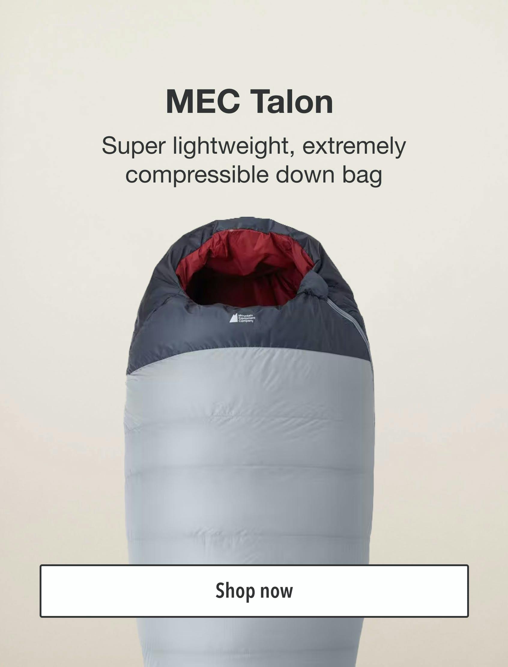 MEC Talon. Super lightweight, extremely compressible down bag